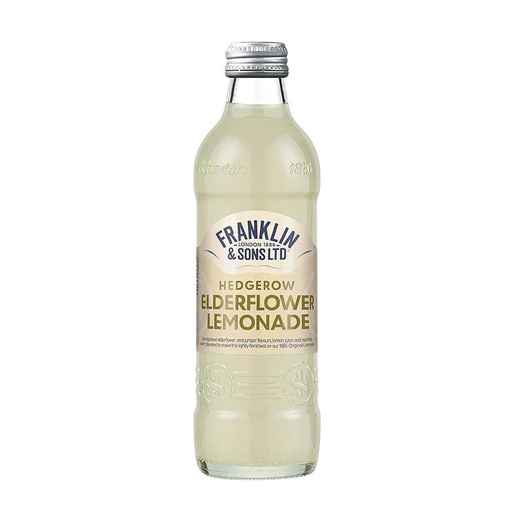 Bottle of Franklin & Sons Hedgerow Elderflower Lemonade on a white background