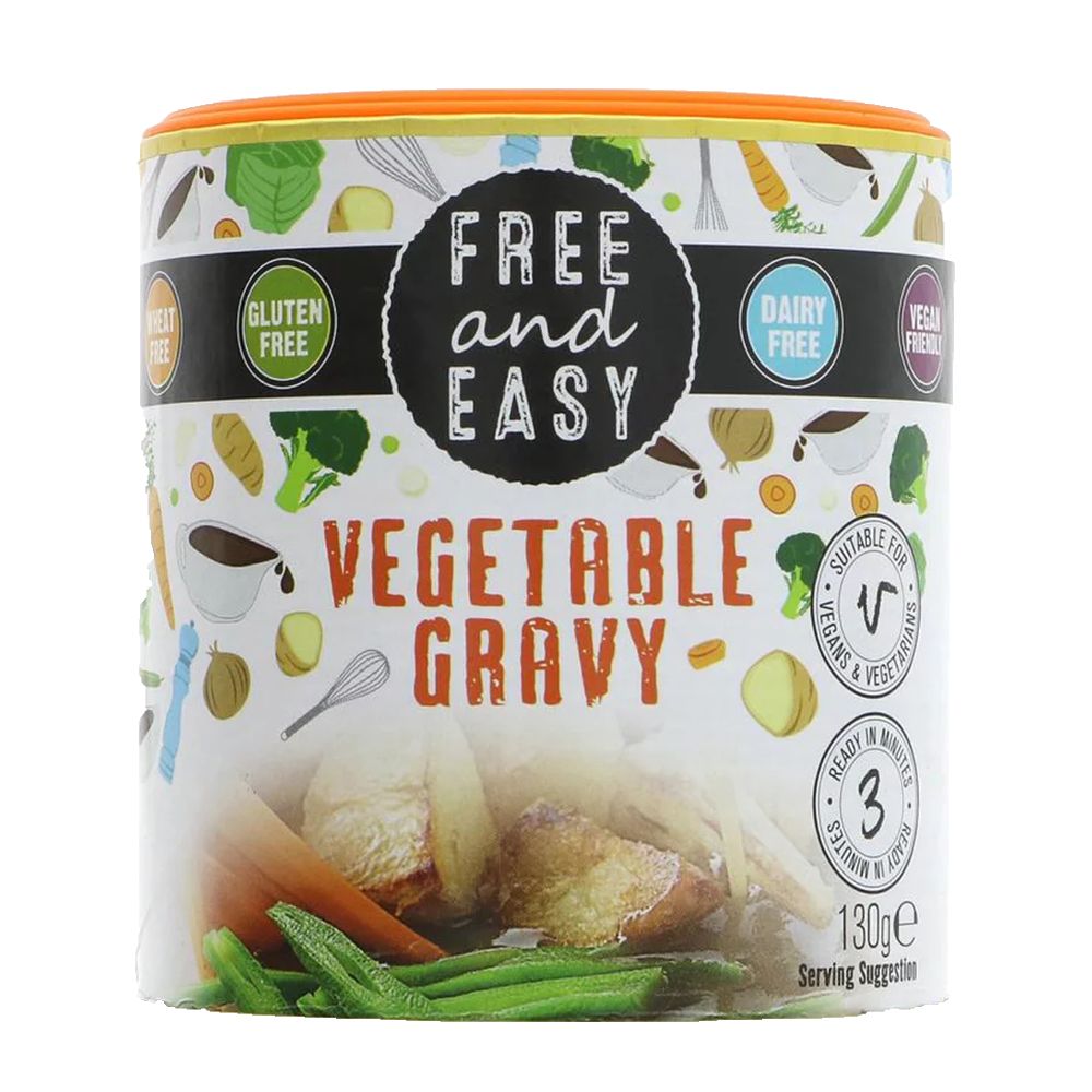 Can of Free and Easy Vegetable Gravy with various food illustrations on a white background