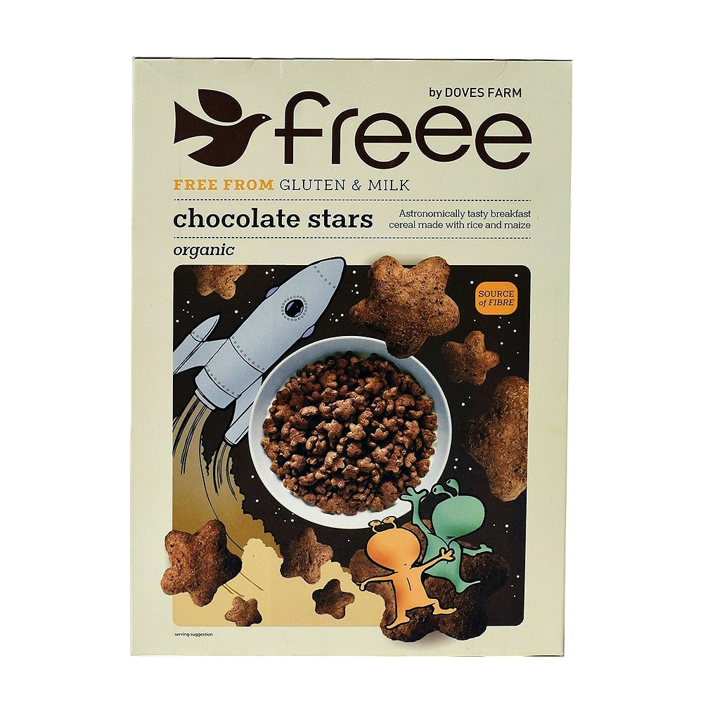 Box of Doves Farm free cereal with chocolate stars on a beige background