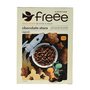 Box of Doves Farm free cereal with chocolate stars on a beige background