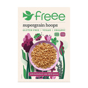 Packaging of supergrain hoops with a bowl of cereal on a beige background