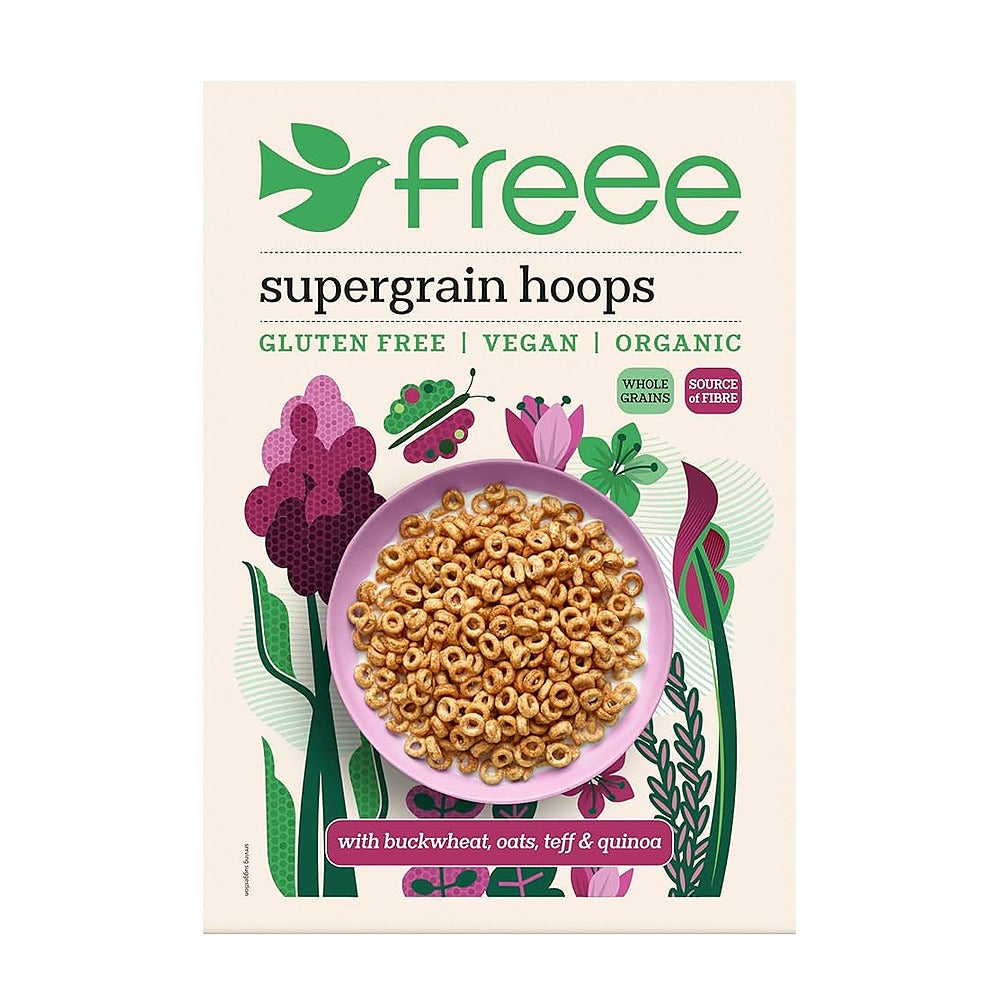 Packaging of supergrain hoops with a bowl of cereal on a beige background