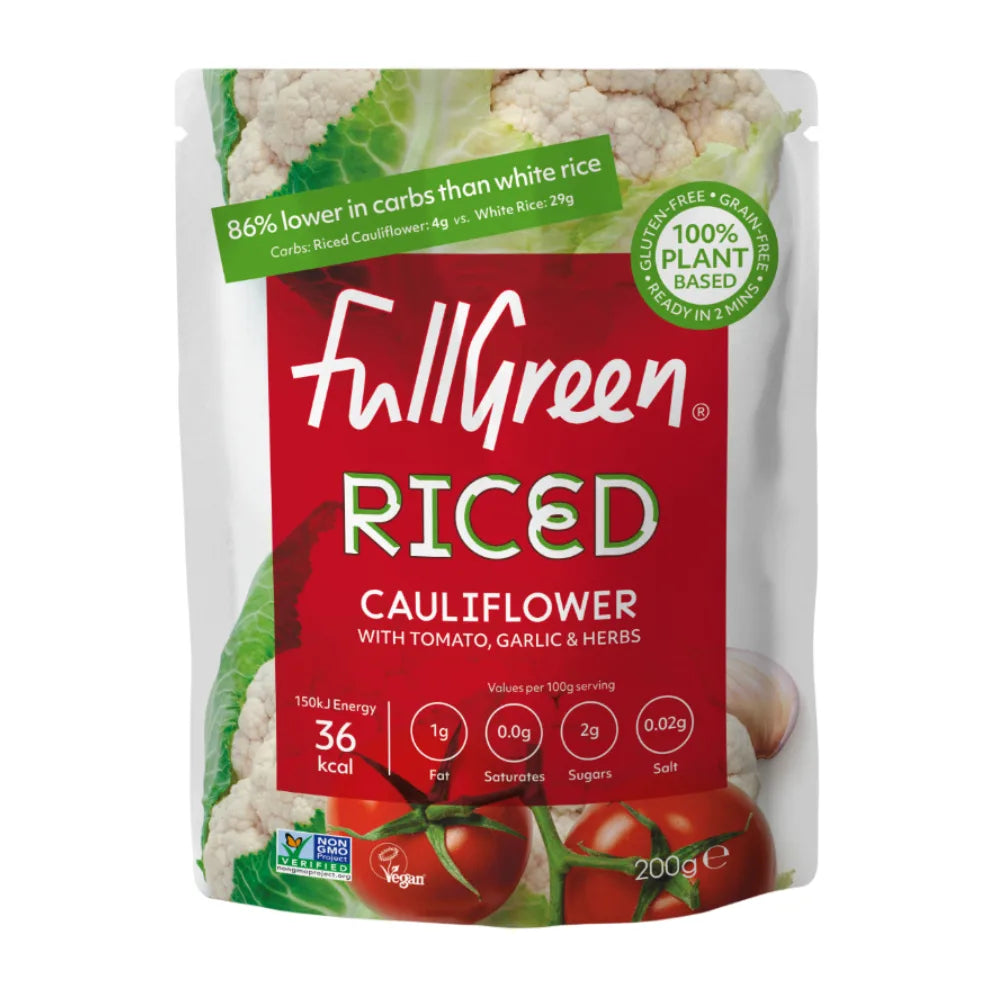 FullGreen riced cauliflower package with tomato, garlic, and herbs on a white background