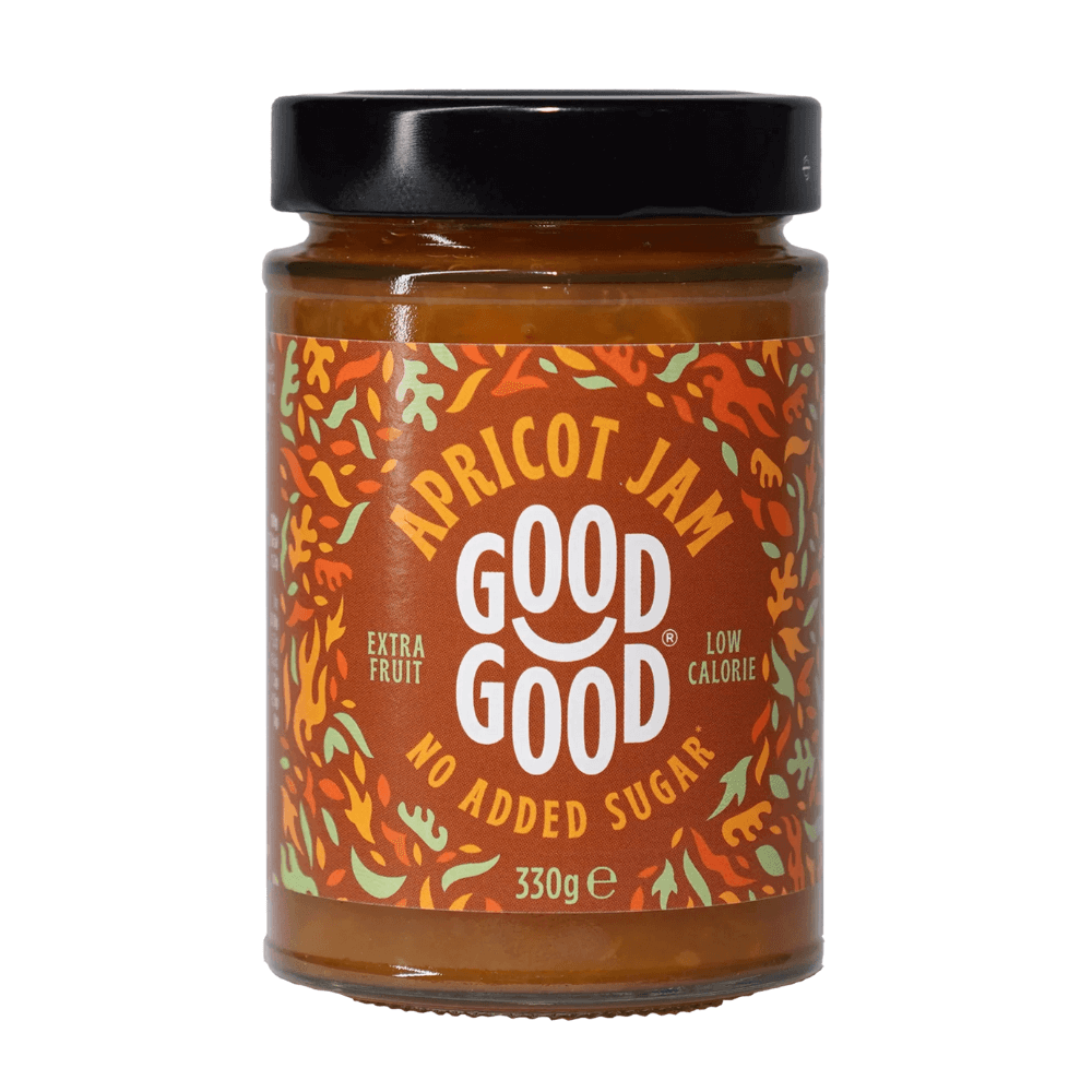 Jar of Good Good Apricot Jam with a black lid on a white background