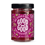 Jar of Good Good raspberry jam with a purple label on a white background