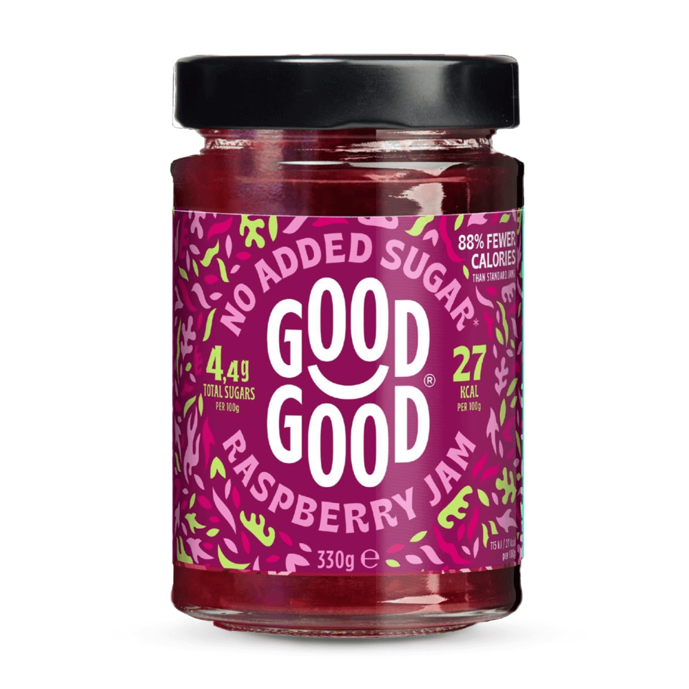 Jar of Good Good raspberry jam with a purple label on a white background