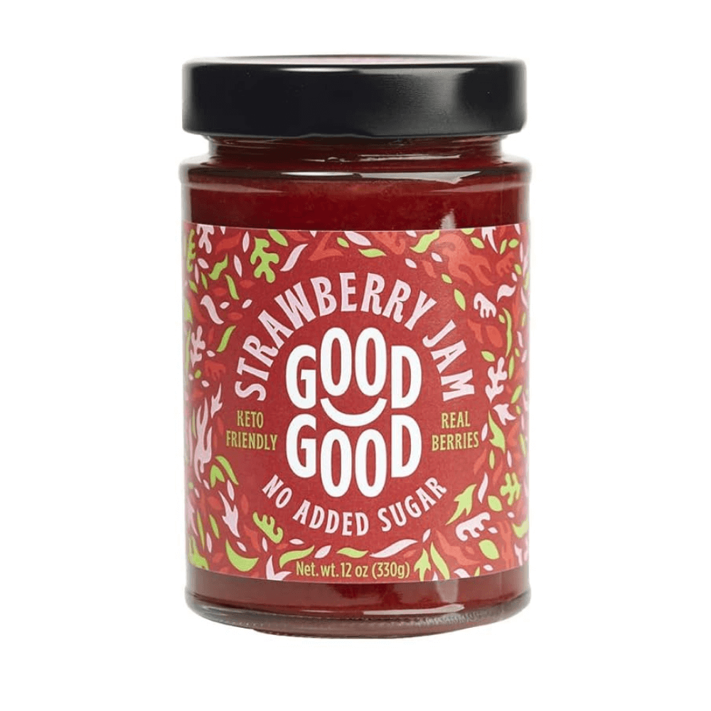 Jar of strawberry jam with a red label on a white background