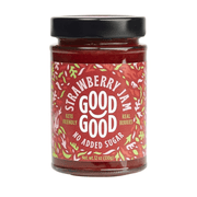 Jar of strawberry jam with a red label on a white background