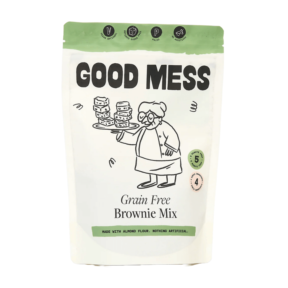 Good Mess grain free brownie mix packaging on a white background