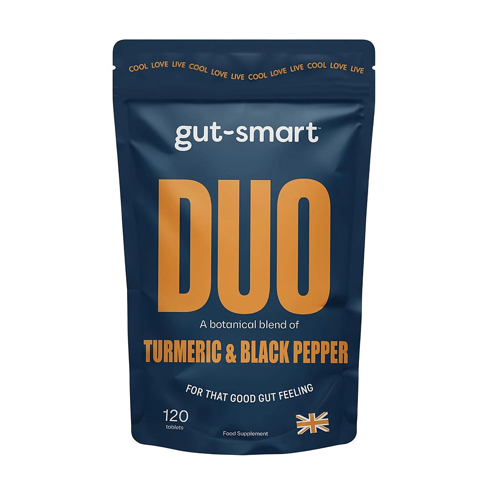 Gut-smart Duo supplement package with turmeric and black pepper on a white background