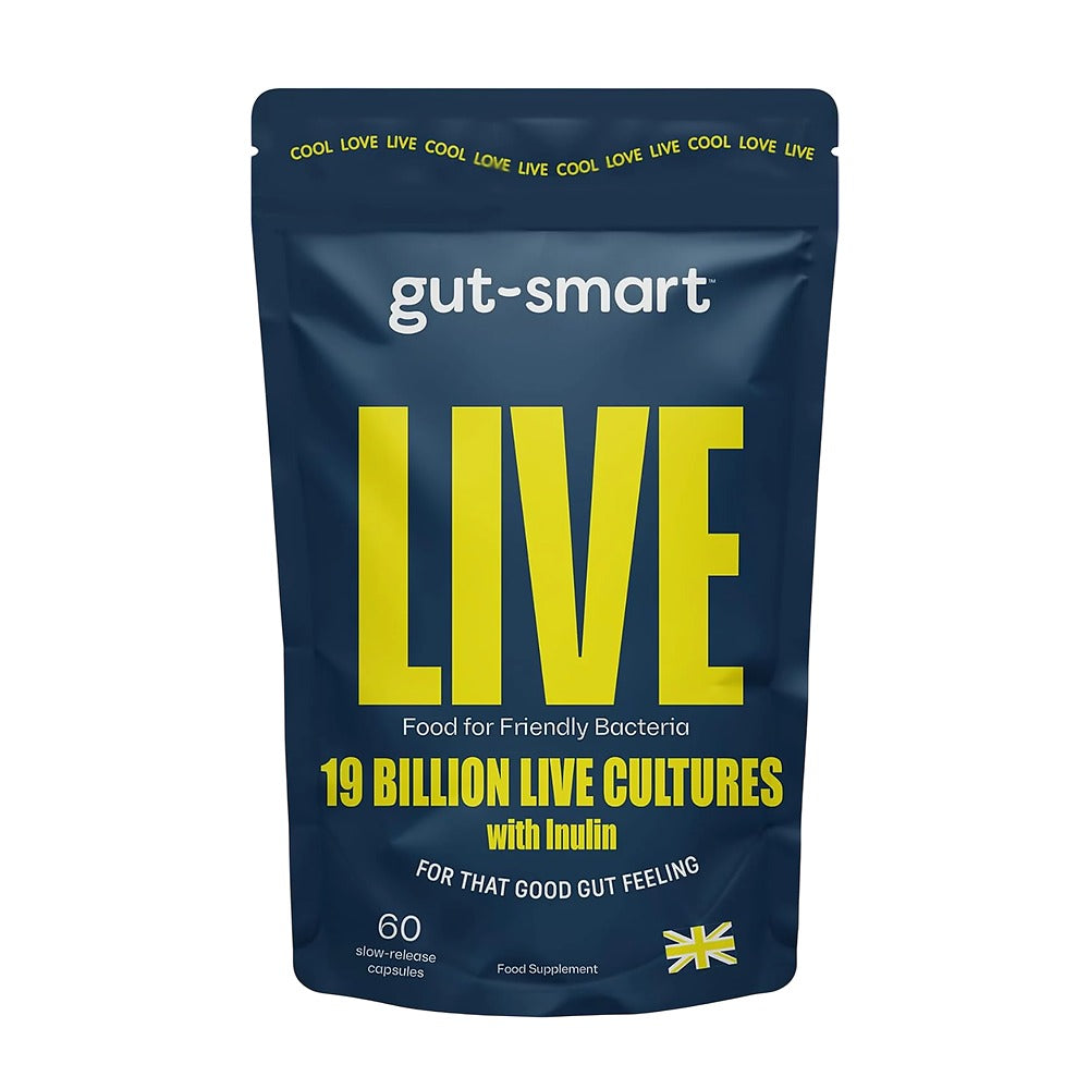 Gut-smart LIVE supplement package with blue and yellow design on a white background