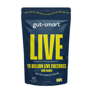 Gut-smart LIVE supplement package with blue and yellow design on a white background