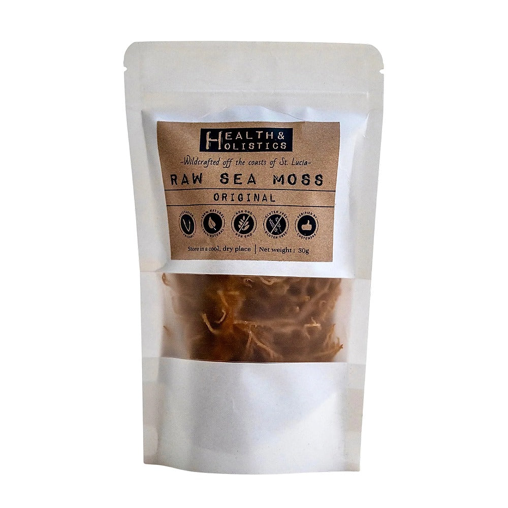 Bag of raw sea moss with a Health & Holistic label on a white background