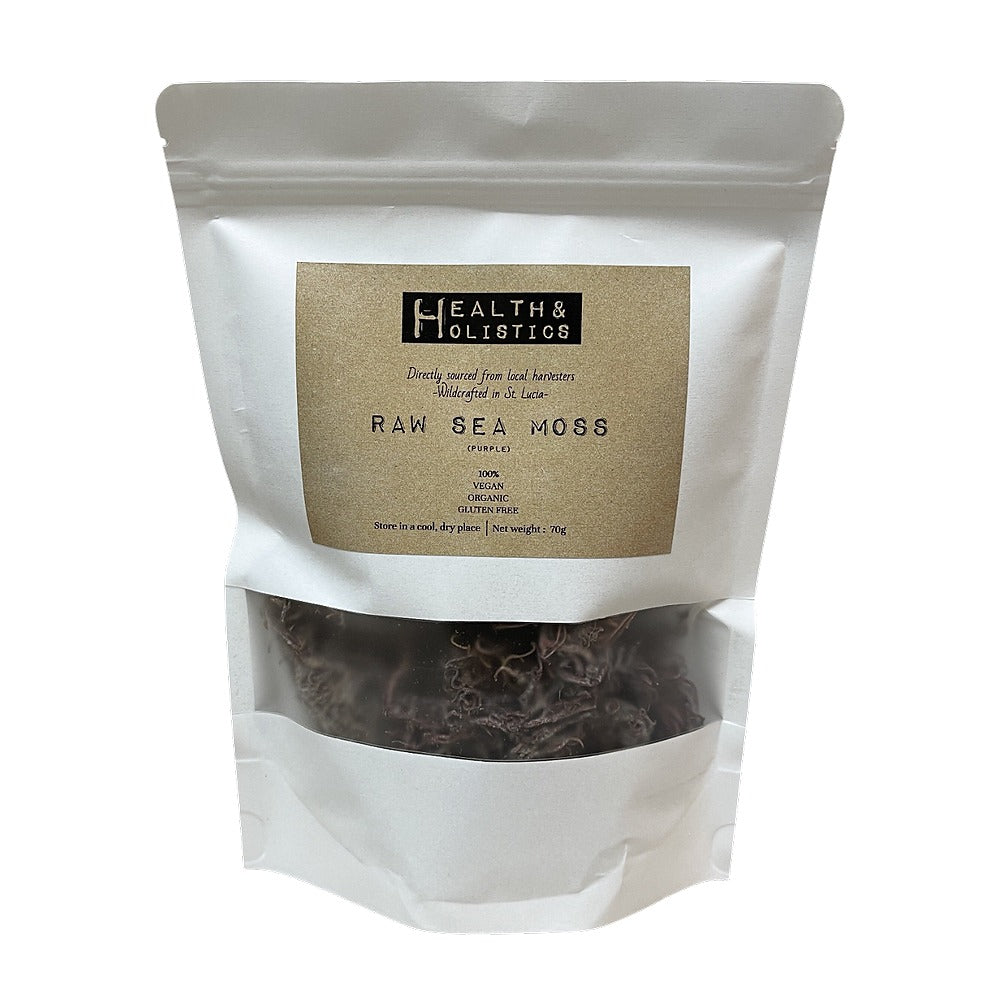 Bag of raw sea moss with Health & Holistic label on a white background