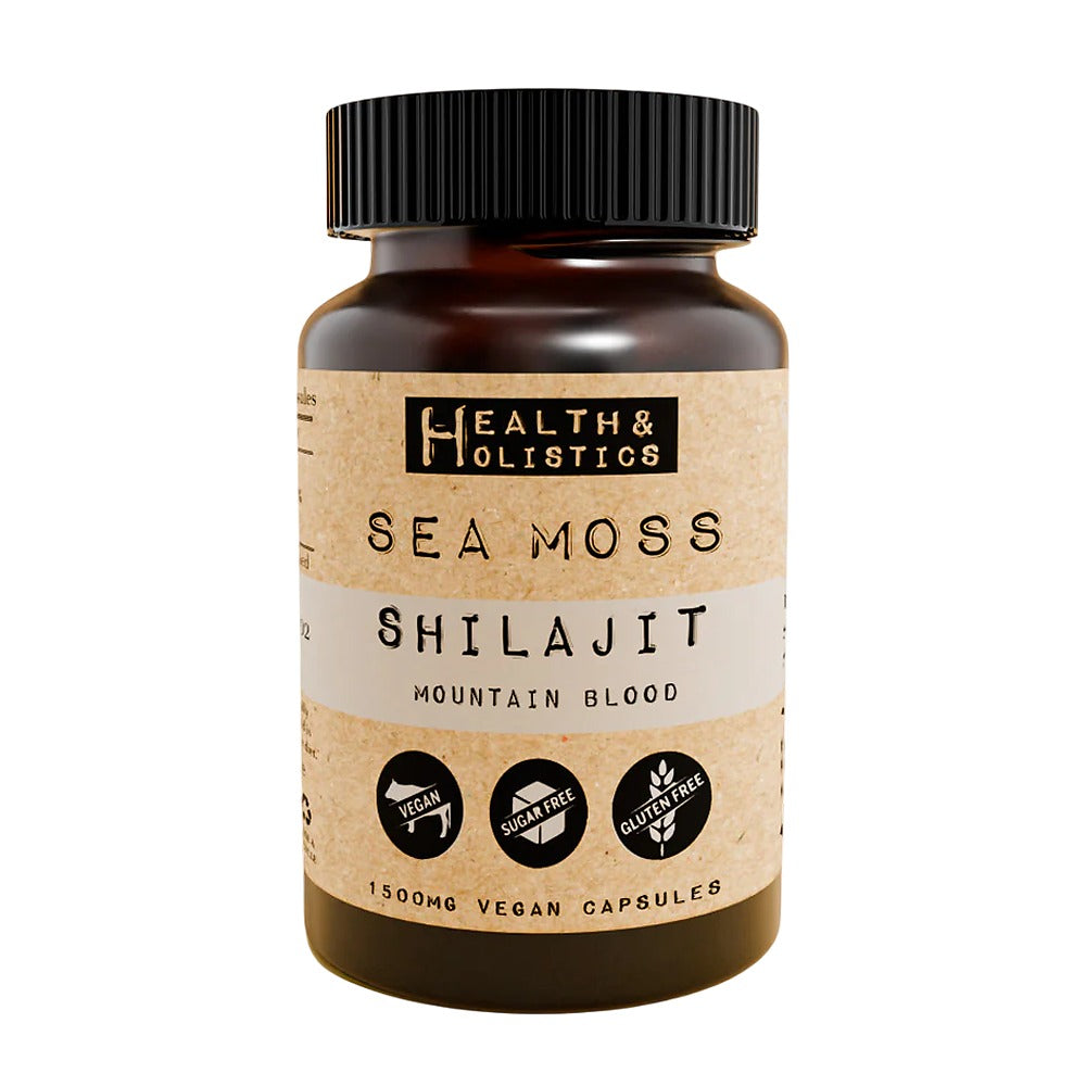 Bottle of Health & Holistic Sea Moss Shilajit on a white background