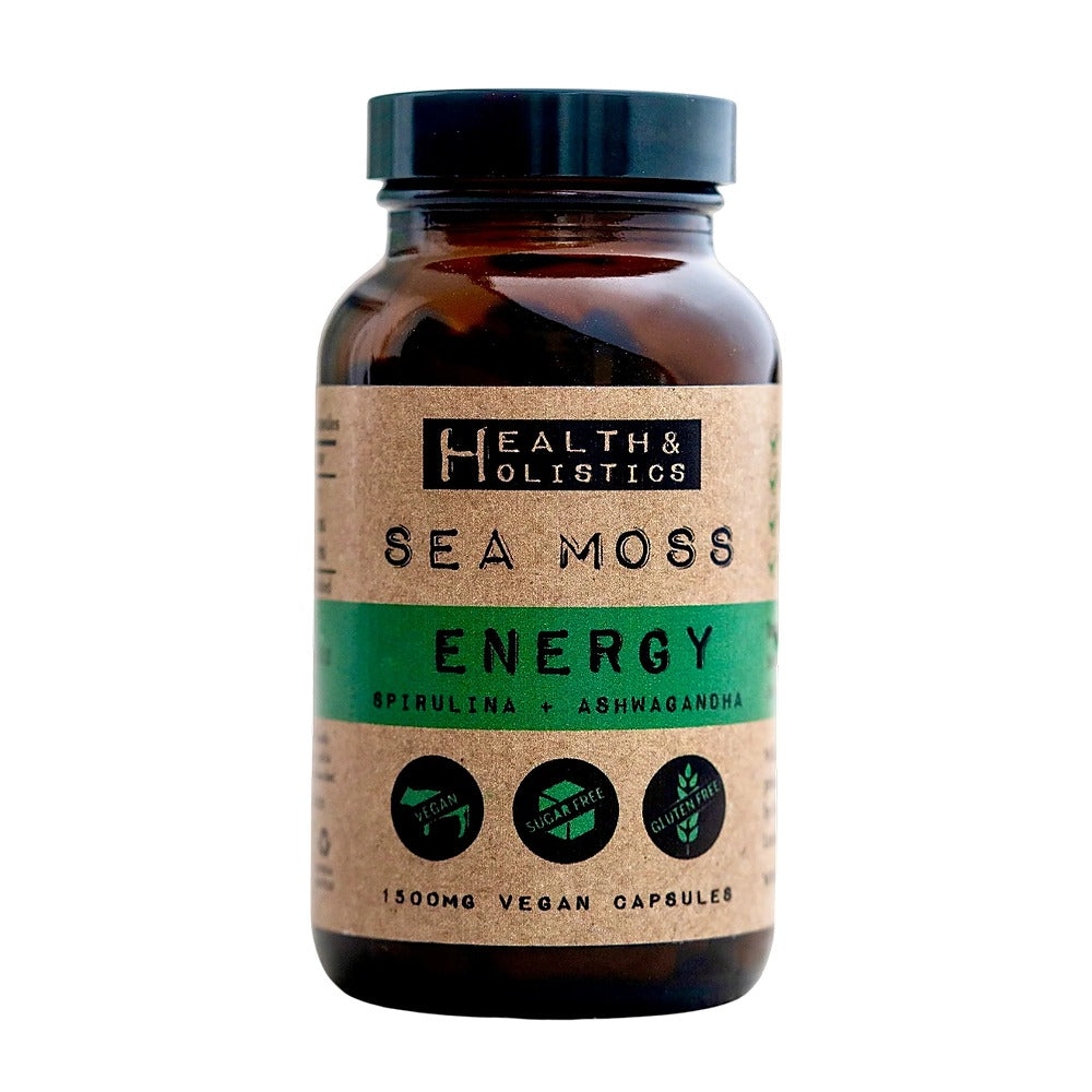 Sea Moss Energy supplement bottle with Health & Holistic branding on a white background