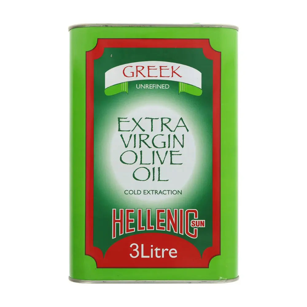 Green can of Hellenic Sun Greek Extra Virgin Olive Oil on a white background