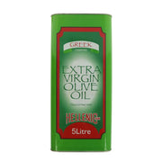 Green container of Hellenic Extra Virgin Olive Oil on a white background