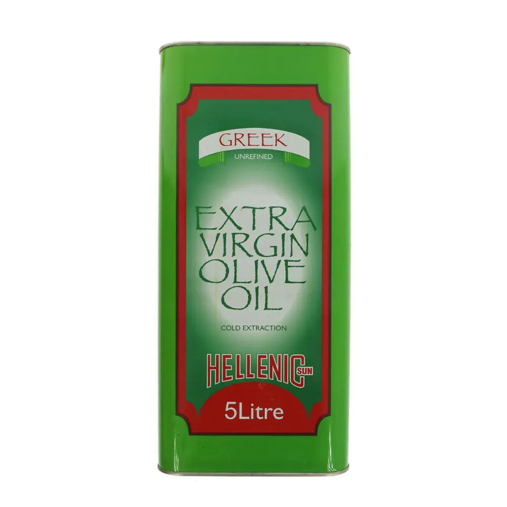 Green container of Hellenic Extra Virgin Olive Oil on a white background