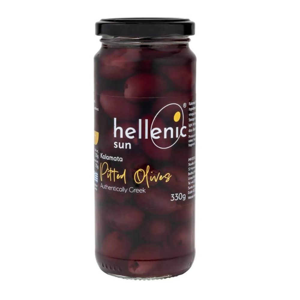 Jar of Hellenic Sun Kalamata Pitted Olives on a white background