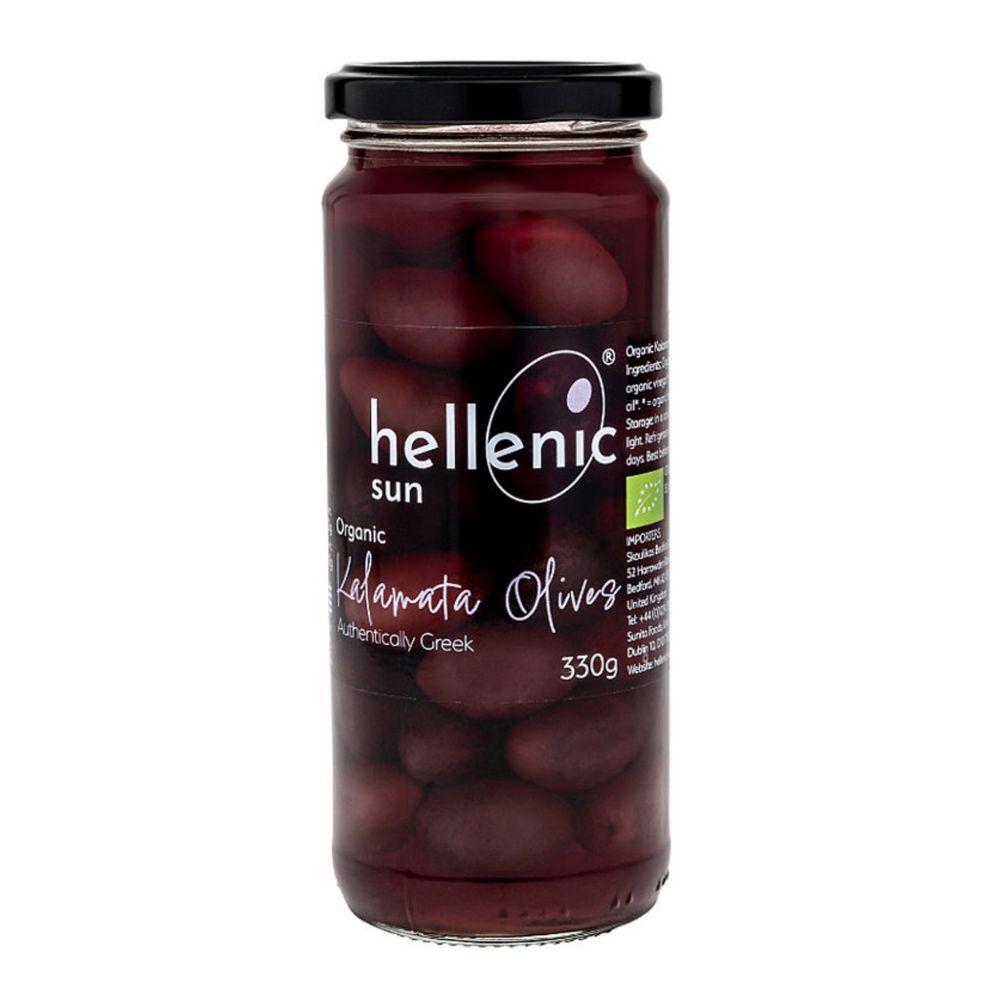 Jar of Hellenic Sun Kalamata Olives on a white background