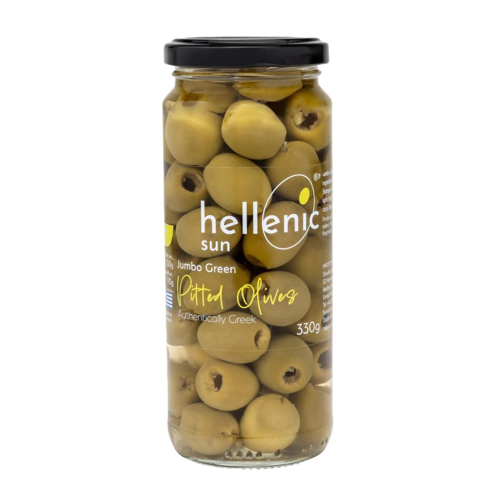 Jar of Hellenic Sun pitted green olives on a white background