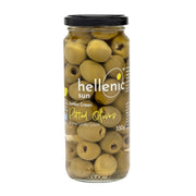 Jar of Hellenic Sun pitted green olives on a white background