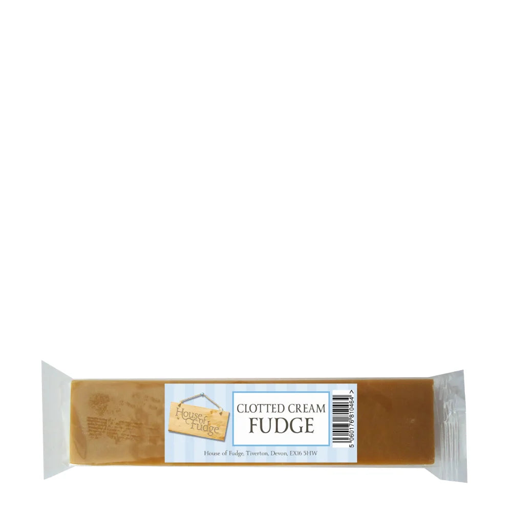 Packaged clotted cream fudge with a white background