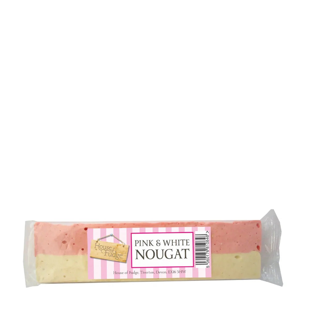 Packaged pink and white nougat with a visible brand label on a white background