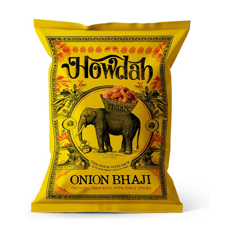 Yellow packet of Howdah Onion Bhaji with an elephant illustration on a white background