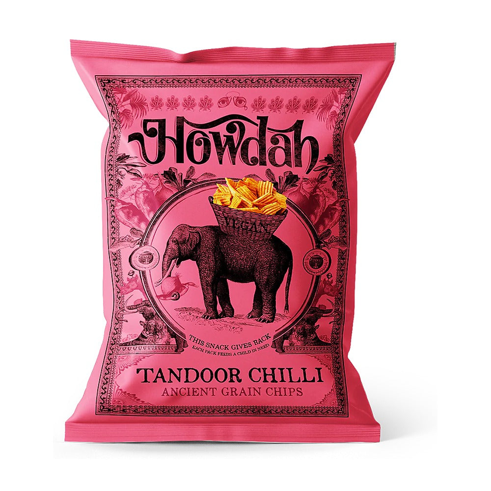 Pink packaging of Howdah Tandoor Chilli chips on a white background