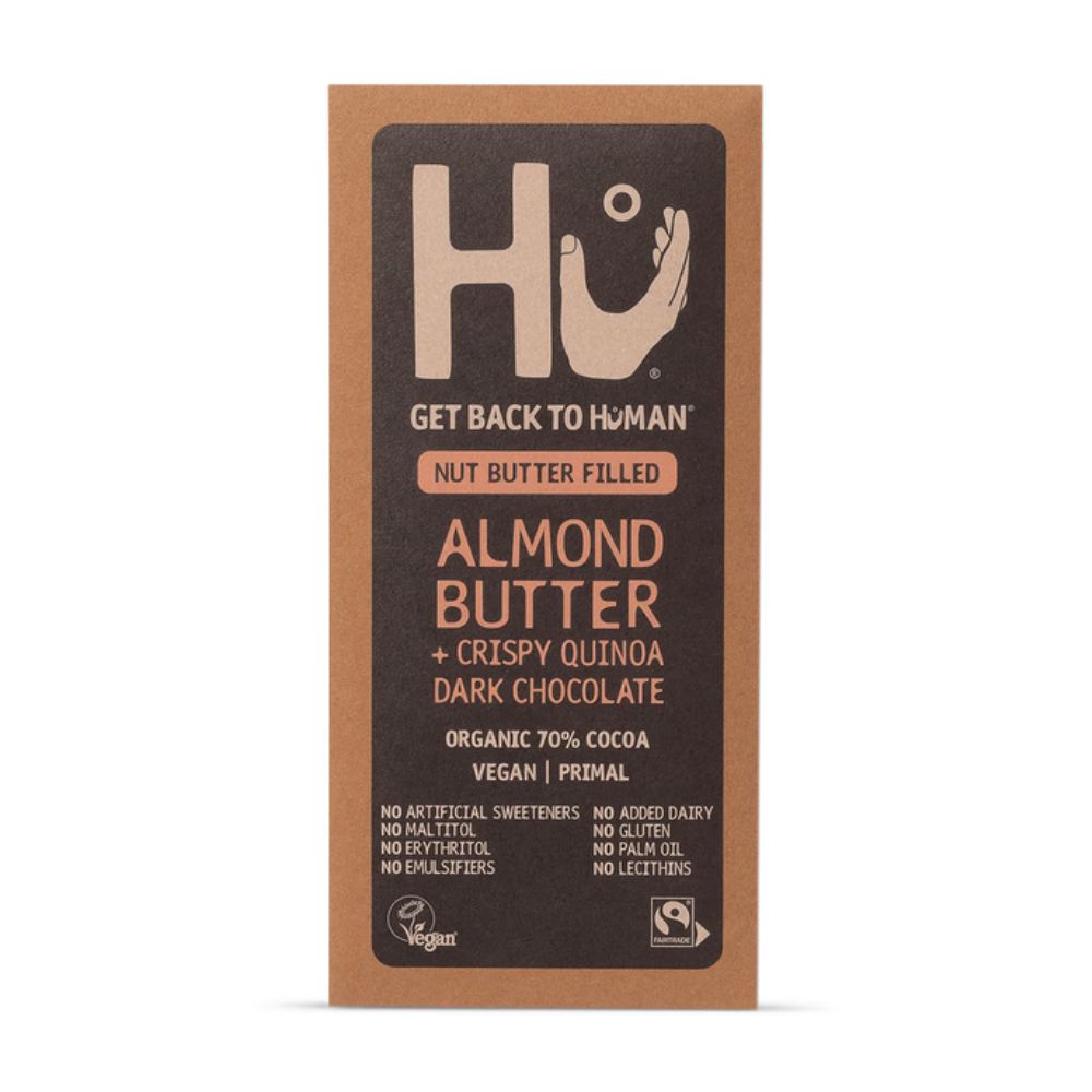 Box of Hu Almond Butter with Crispy Quinoa Dark Chocolate on a white background