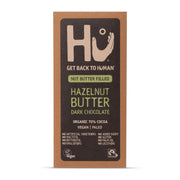 Box of Hazelnut Butter Dark Chocolate with HU brand logo on a white background