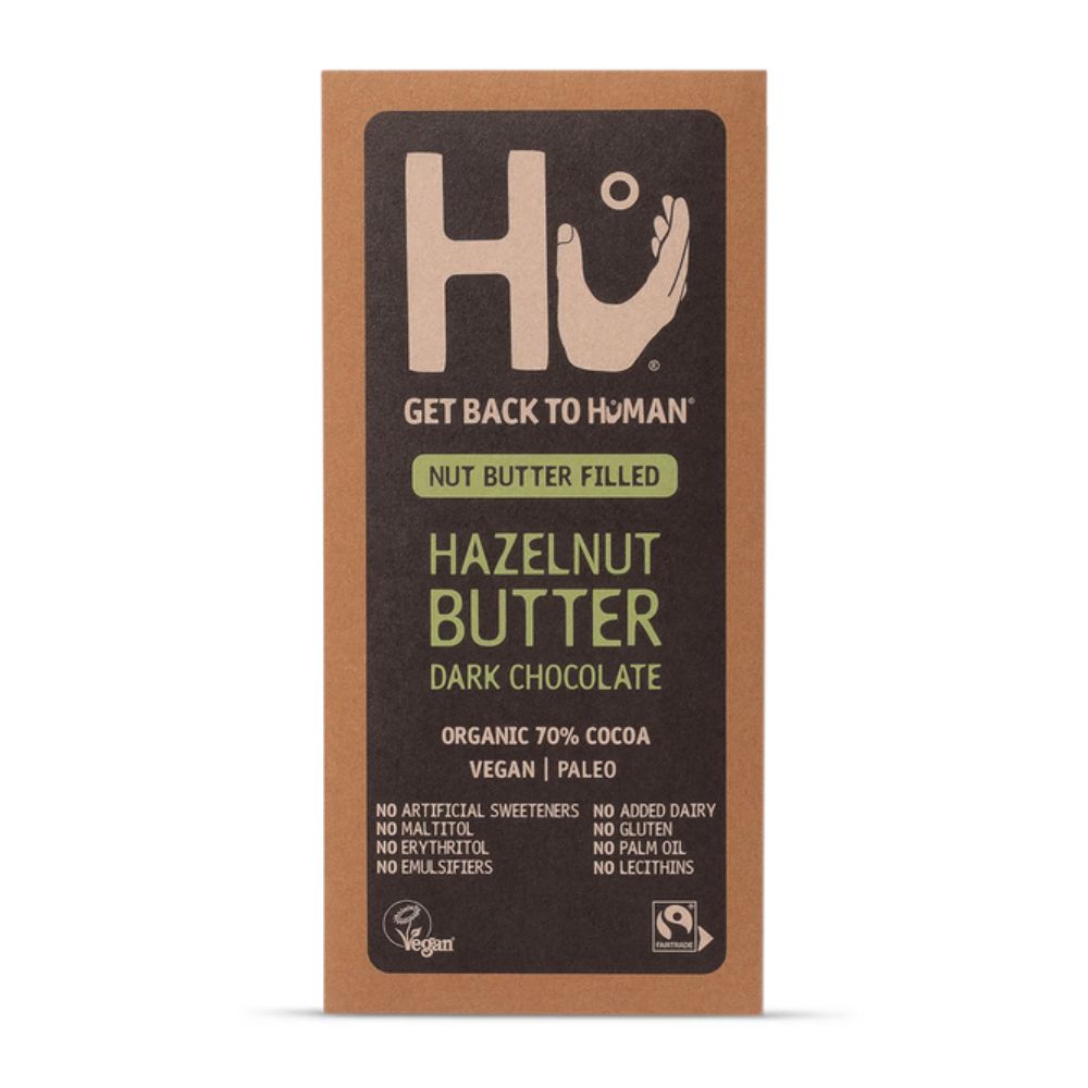 Box of Hazelnut Butter Dark Chocolate with HU brand logo on a white background