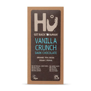 Vanilla Crunch dark chocolate bar packaging with 'Hu' brand on a white background