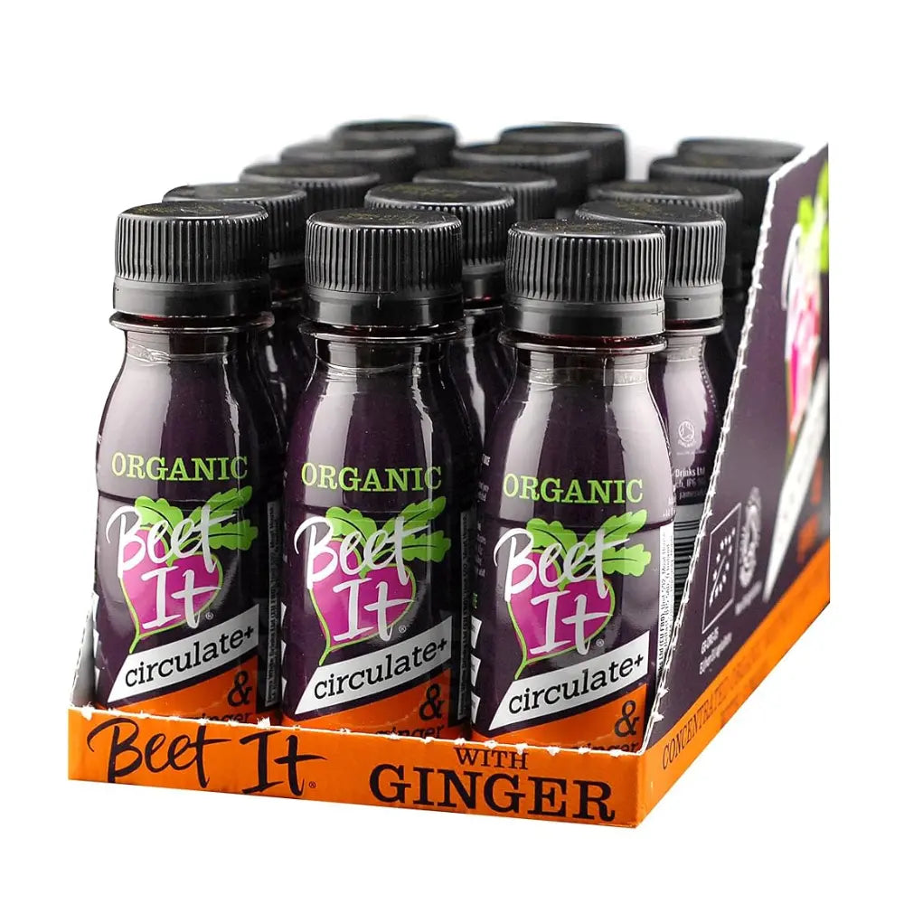 Pack of Beet It circulates & circulates+ organic drinks with ginger on a white background