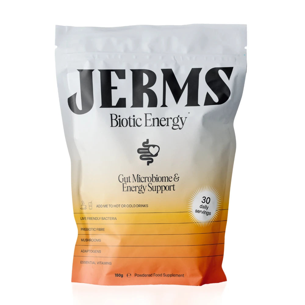 Package of JERMS Biotic Energy supplement with gradient design on a white background