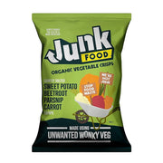 Green package of Junk Food organic vegetable crisps on a white background