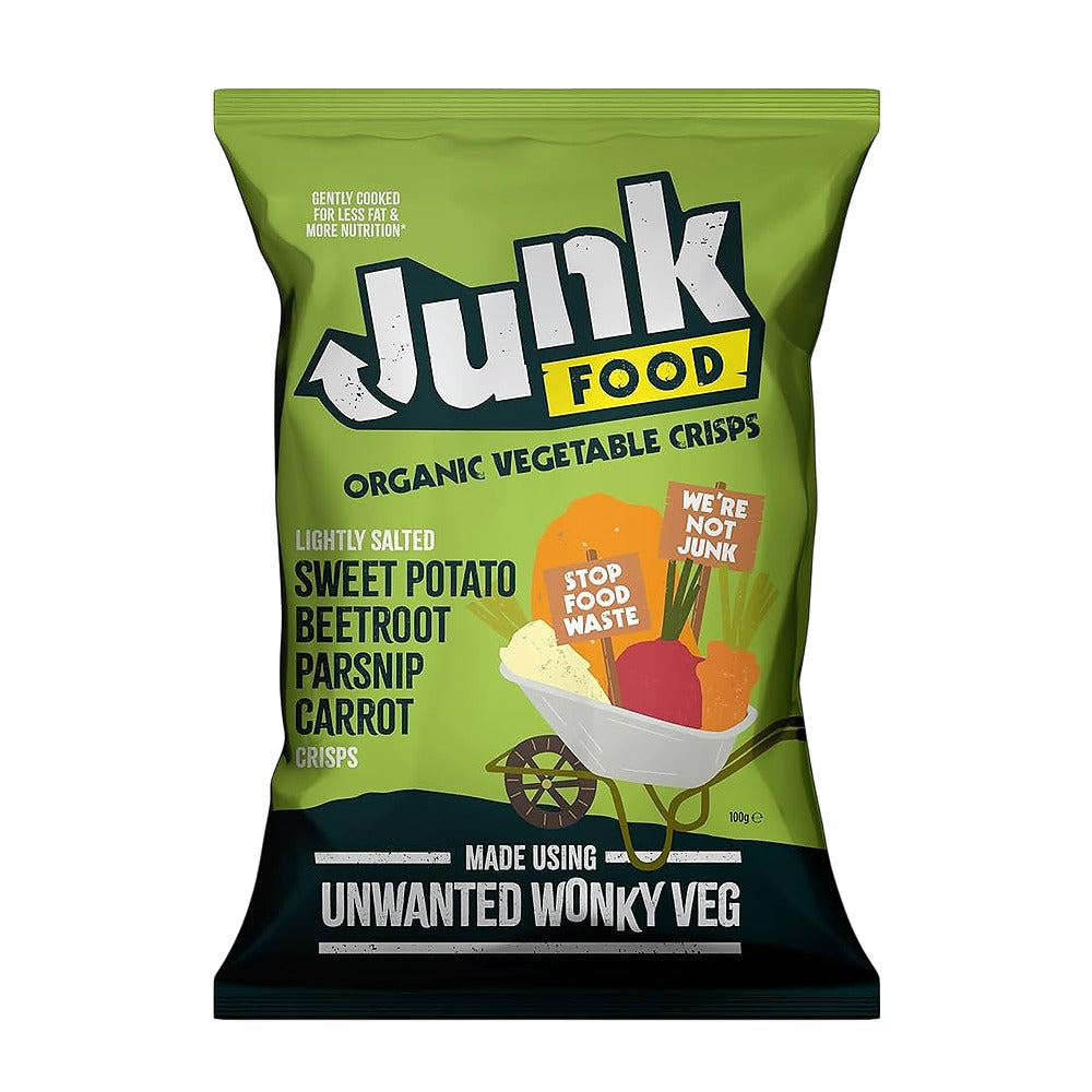 Green package of Junk Food organic vegetable crisps on a white background