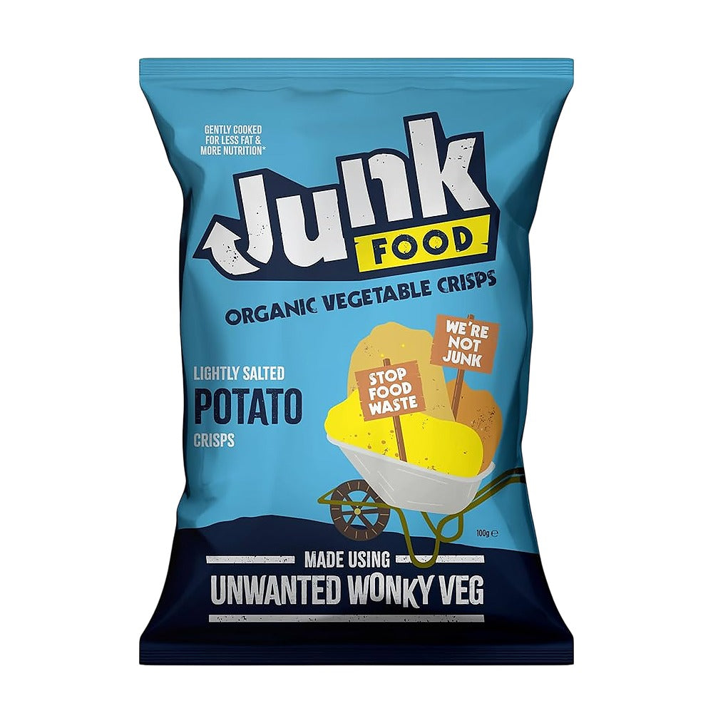 Junk Food organic vegetable crisps packaging on a white background