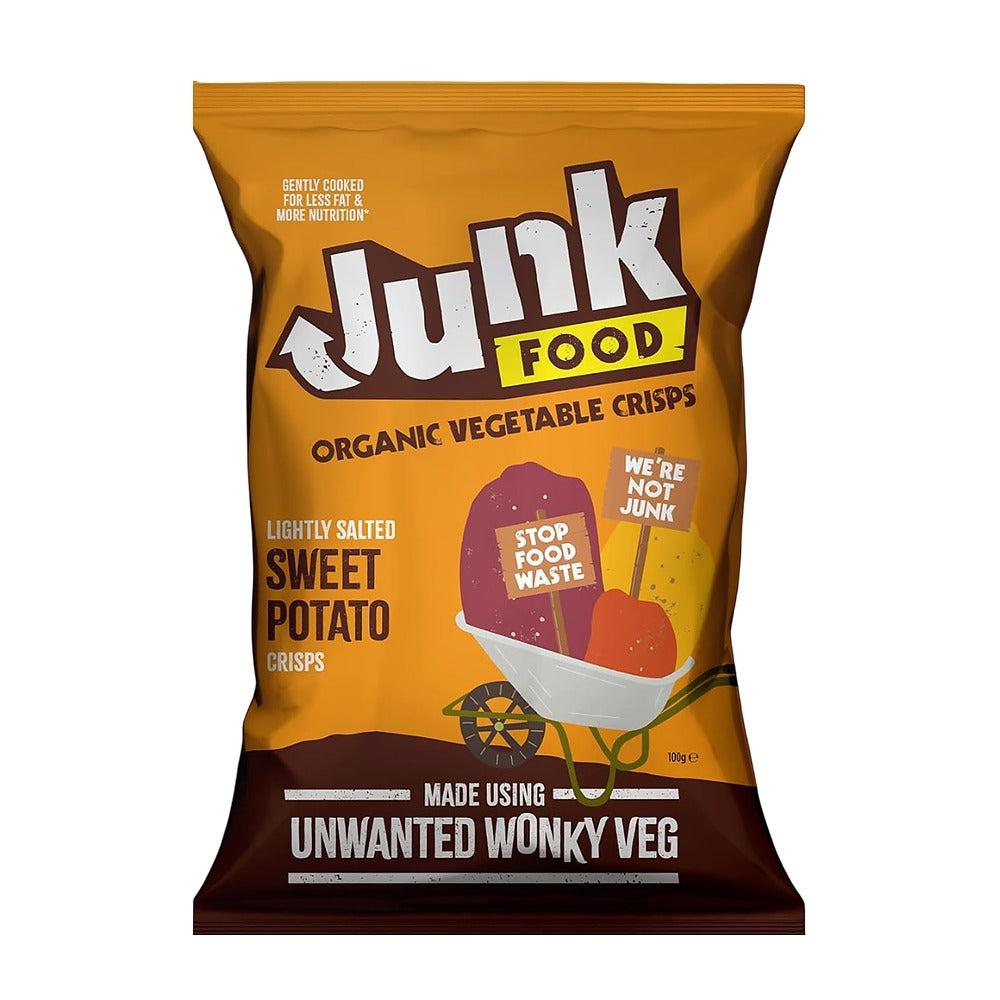 Junk Food organic vegetable crisps packaging on a white background