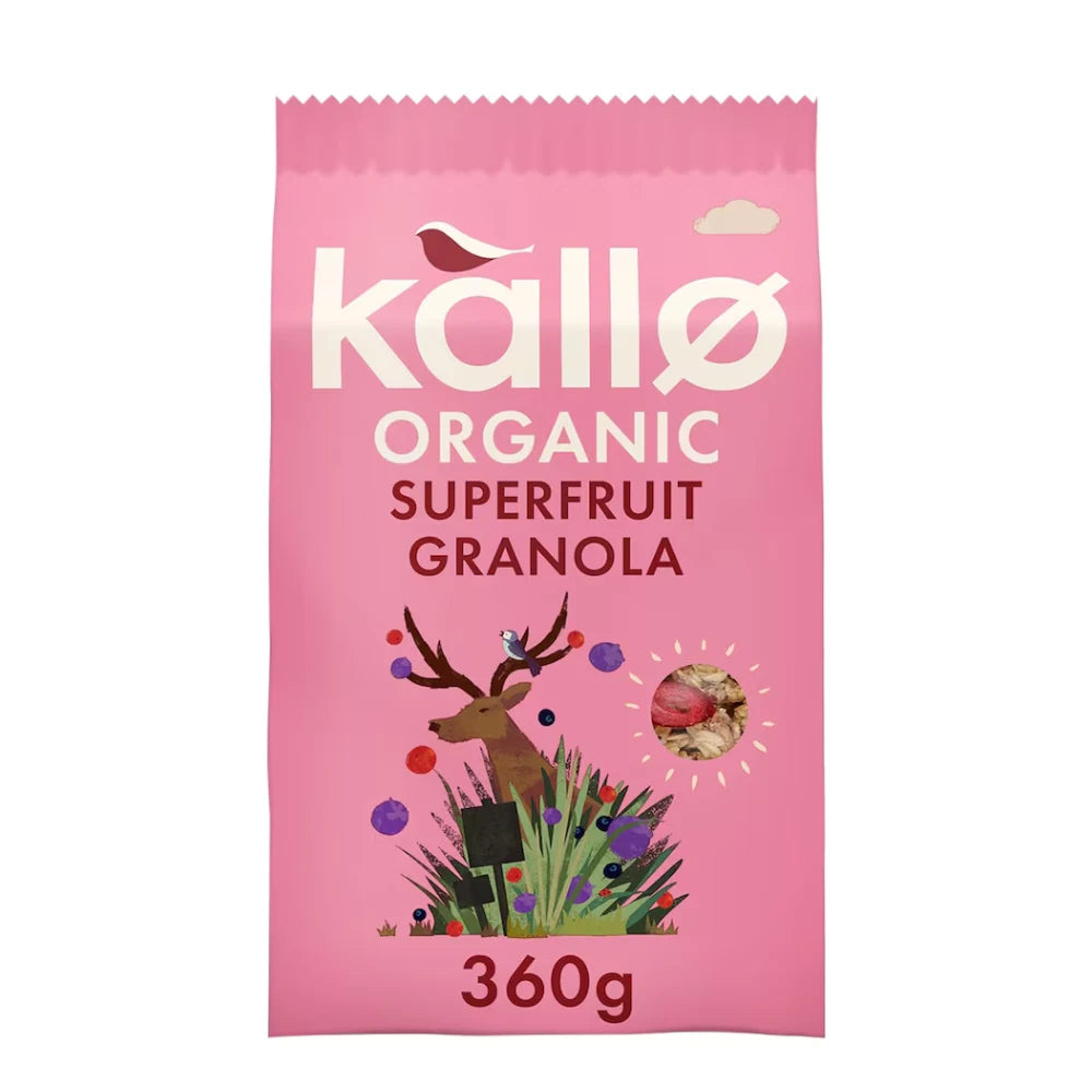 Pink package of Kallo Organic Superfruit Granola with illustrations on a white background