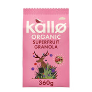 Pink package of Kallo Organic Superfruit Granola with illustrations on a white background
