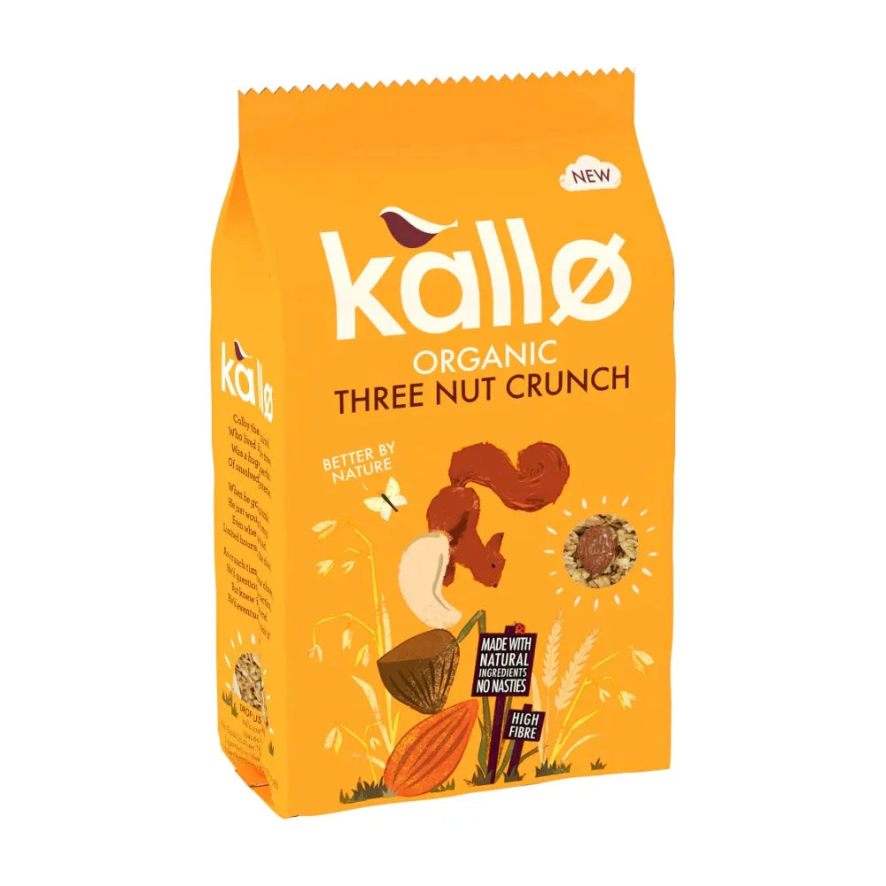 Orange packaging of Kallo Organic Three Nut Crunch on a white background