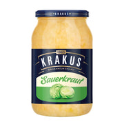 Jar of Krakus sauerkraut on a white background