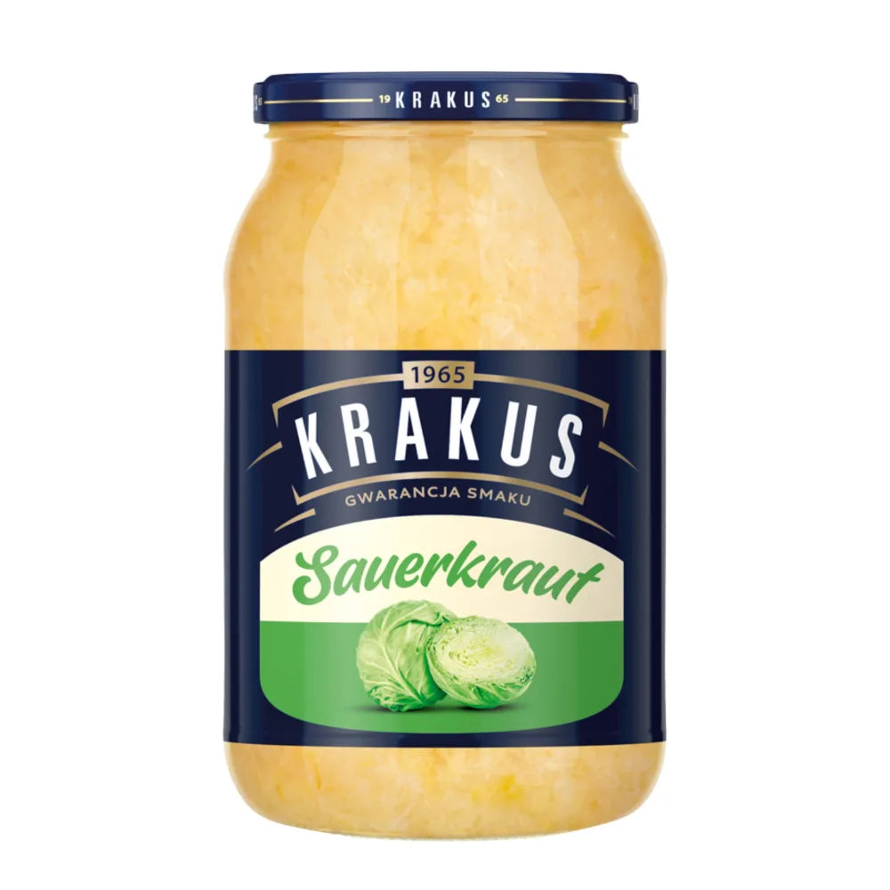 Jar of Krakus sauerkraut on a white background