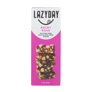 Lazyday Rocky Road packaging with pink background and image of rocky road bars.