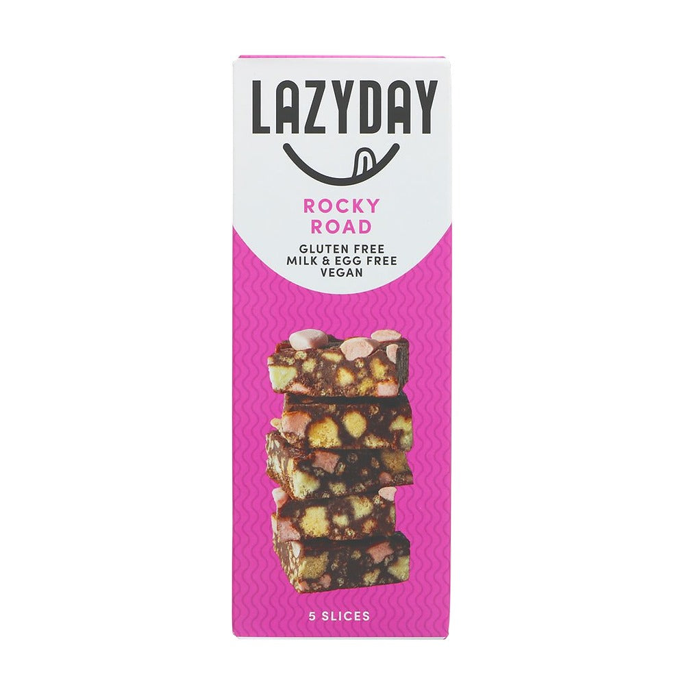 Lazyday Rocky Road packaging with pink background and image of rocky road bars.