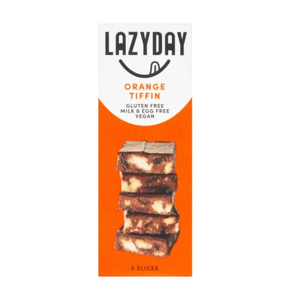 Lazyday Orange Tiffin packaging with an orange background and stack of tiffins on a white background