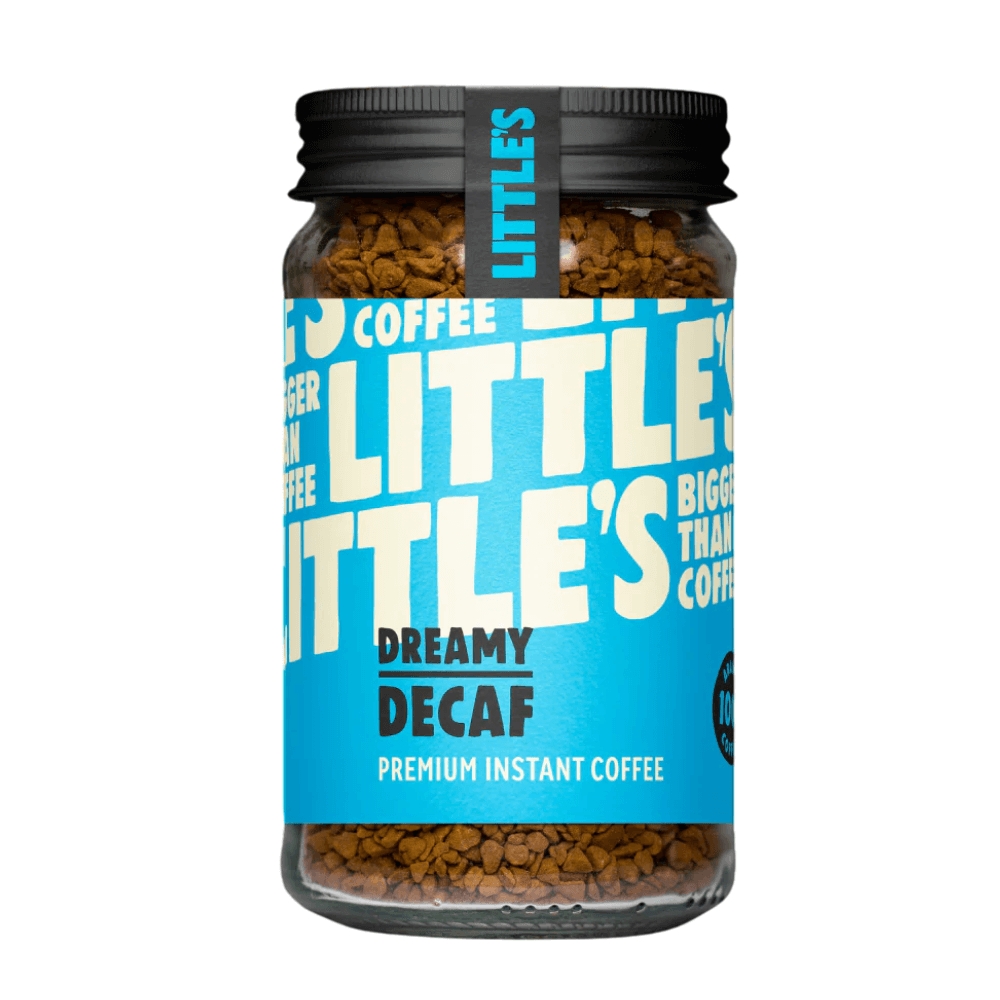 Jar of Little's Dreamy Decaf instant coffee on a white background
